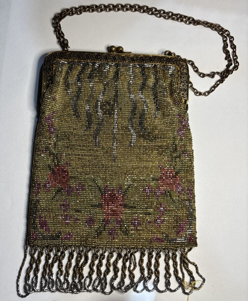 Floral Beaded Purse 1920 Antique Frame Chain Handle Fringe Bag Restoration AsIs